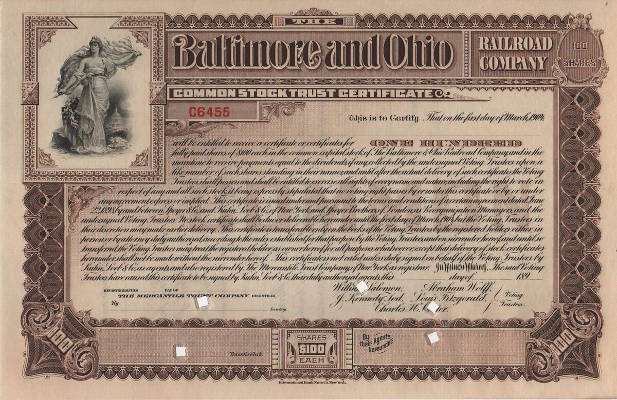 A brown engraved Baltimore and Ohio Railroad common stock trust certificate for one hundred shares, with a robed allegorical figure in the top left corner and small square holes punched through the paper.